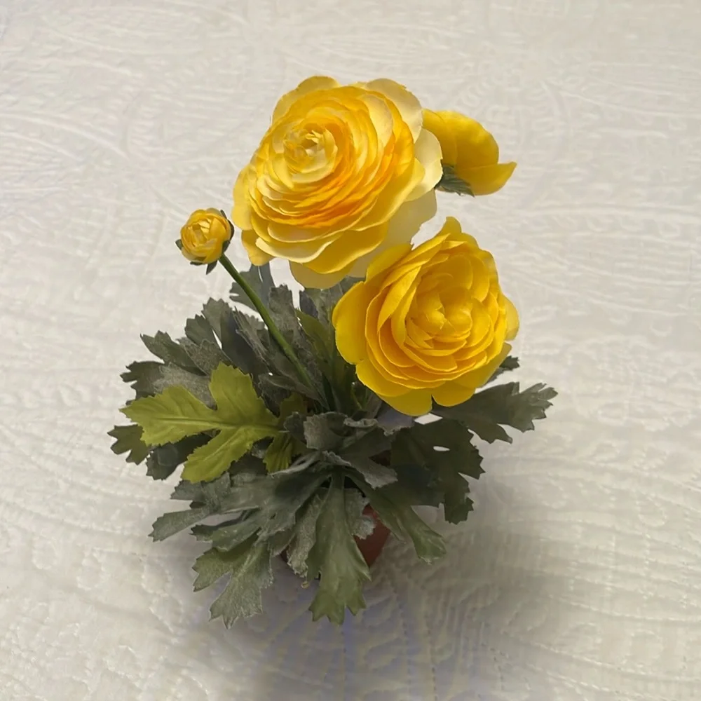 Faux Artificial Potted Yellow Ranunculus Lightly Used